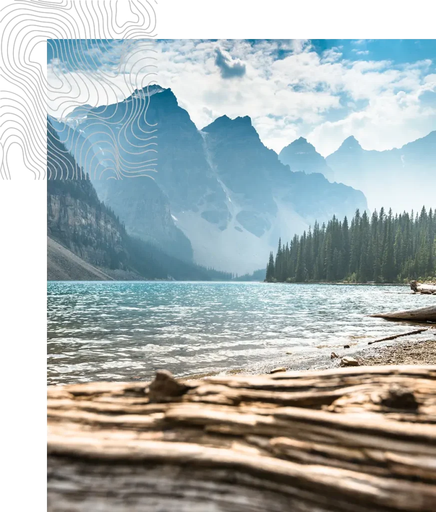 Clear blue lake with mountains, pine trees, and driftwood in the foreground.